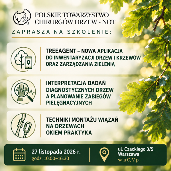 TREEAGENT – nowa aplikacja do inwentaryzacji drzew i krzewów oraz zarządzania zielenią”; „Interpretacja badań diagnostycznych drzew a planowanie zabiegów pielęgnacyjnych”; „Techniki montażu wiązań na drzewach okiem praktyka”